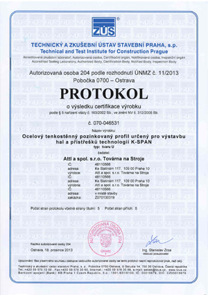 Obloukové haly - protokol o certifikaci